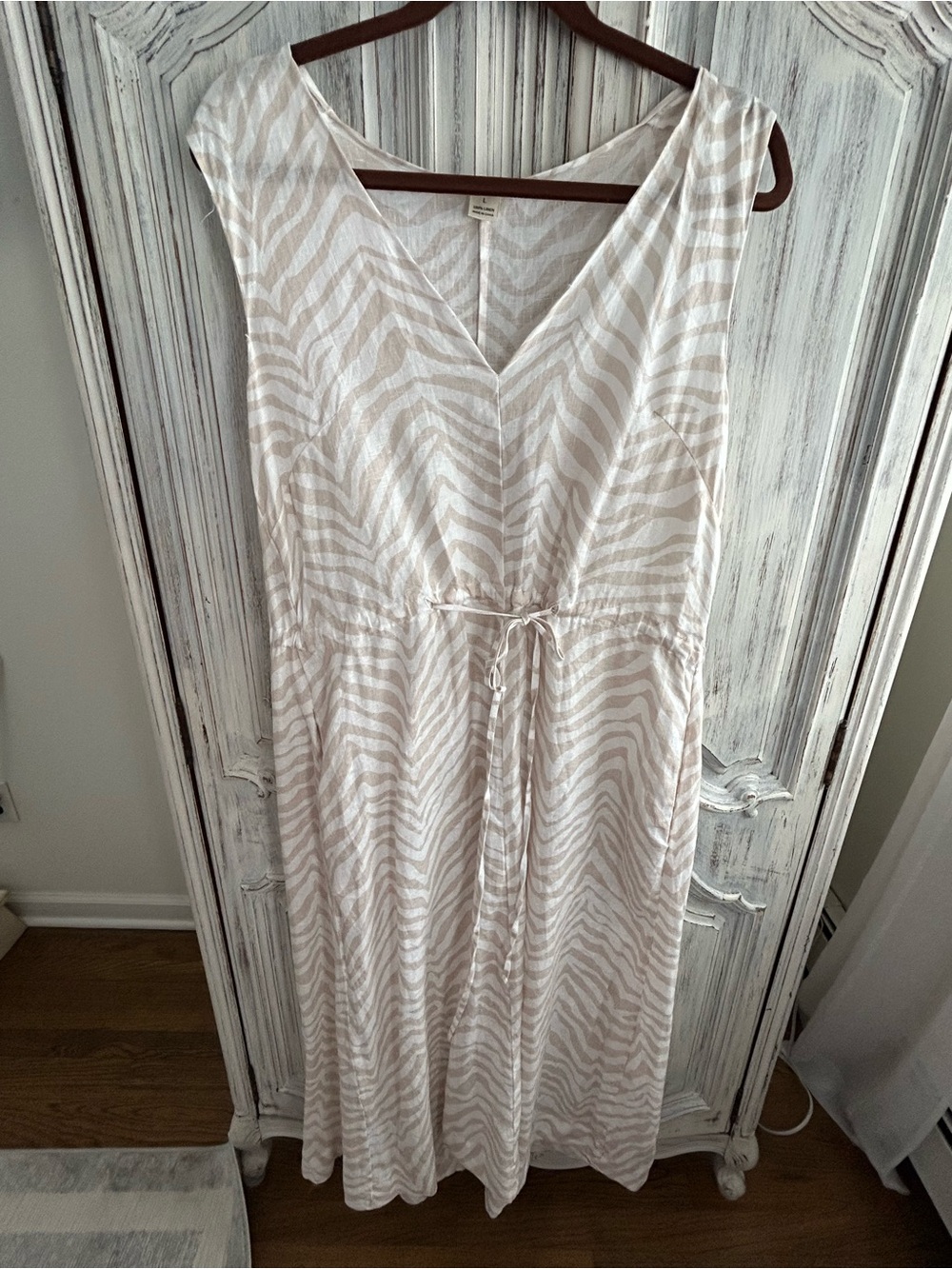 Magaschoni Cream Linen Dress with Brown Trim